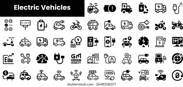 A diverse collection of minimalist icons representing electric vehicles, including charging stations, e-bikes, and various electric transport forms, showcasing sustainable mobility.
