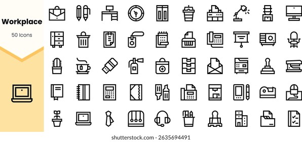 A diverse collection of minimalist line icons representing various workplace elements, including office supplies, furniture, and technology in a clean design.