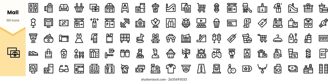 A diverse collection of minimalist line icons representing various mall elements, including shopping bags, food items, and retail stores with a modern design.