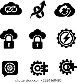 A diverse collection of minimalist technology icons representing cloud data security process and problemsolving concepts