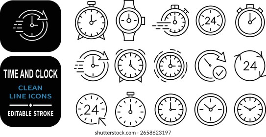 Diversa colección de tiempo minimalista y reloj relacionado con el conjunto de iconos de línea