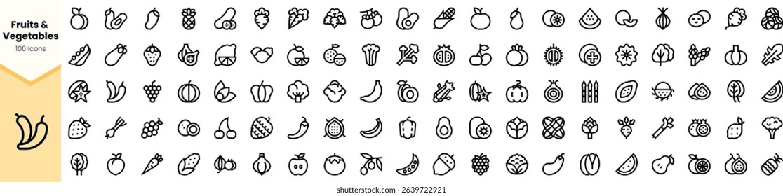 A diverse collection of minimalistic fruit and vegetable icons, featuring a variety of shapes and designs in black lines on a background.