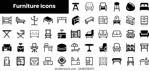 A diverse collection of minimalistic furniture icons, showcasing various designs including chairs, tables, and beds in black and white.