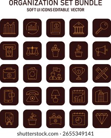 Diversa colección de iconos vectoriales minimalistas que representan aspectos de organización y usabilidad en varios campos