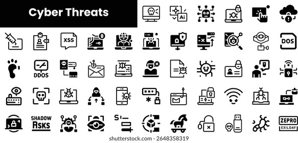 Uma coleção diversificada de ícones monocromáticos que representam várias ameaças cibernéticas, incluindo malware, phishing e violações de dados, transmitindo um tema de segurança digital.