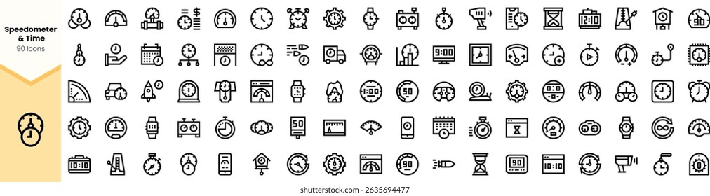 Uma coleção diversificada de ícones monocromáticos que representam velocímetros e vários elementos relacionados com o tempo, perfeito para design e projetos digitais.