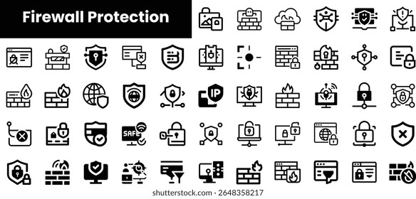 A diverse collection of monochrome icons representing firewall protection and cybersecurity concepts, showcasing various elements like shields, locks, and network symbols.