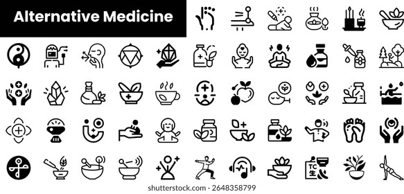 Uma coleção diversificada de ícones monocromáticos que representam vários aspectos da medicina alternativa, incluindo cura, atenção plena e remédios naturais.