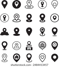 A diverse collection of monochrome location pin icons suitable for digital maps, navigation apps, and design projects.