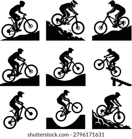 Diverse collection of mountain biking silhouettes in action, representing various trail challenges and riding techniques.