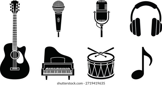 Uma coleção diversificada de instrumentos musicais e silhuetas de equipamentos de áudio