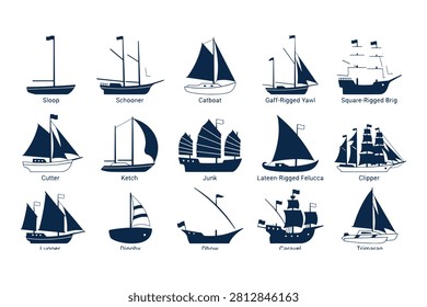 Diverse collection of nautical ship and boat silhouettes including tall ships yachts and traditional vessels.