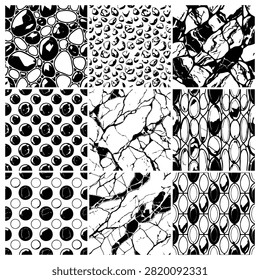A diverse collection of nine monochromatic seamless patterns featuring pebble shapes and stone textures for creative surface design.