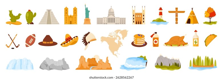 A diverse collection of North American landmarks, symbols, and cuisine, representing the continent s rich cultural heritage and natural wonders.