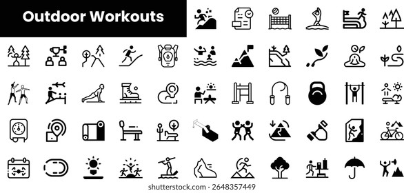 Uma coleção diversificada de ícones de treino ao ar livre representando várias atividades, mostrando indivíduos que se envolvem em fitness sob o sol, cercado pela natureza.