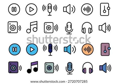 Diverse collection of outline and filled audio and music interface icons for digital design
