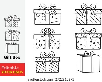 Diverse Collection of Outline Gift Boxes Featuring Various Patterns Like Stripes and Polka Dots Minimalist Vector Icons Set

This professional collection features a variety of gift boxes designed in a clean, minimalist line-art style. Isolated on a transparent background, the set includes gift boxes with diverse decorative patterns, such as classic diagonal stripes and playful polka dots, each adorned with elegant ribbons and bows. The collection offers multiple perspectives—including flat icons and subtle 3D-angled boxes—arranged in both stacked and grid formations for maximum design flexibility. These high-quality editable vector assets are perfect for holiday greeting cards, e-commerce checkout pages, birthday invitations, and seasonal branding projects. The high-contrast black outline ensures that each  symbol remains sharp and recognizable across all digital and print platforms, providing a versatile resource for any gi-ft giving theme.

Key Features include
Multiple Pattern Varieties Includes striped, polka-dotted, and plain gift bo-xes to provide visual interest within a consistent theme.

Versatile Layout Options Features both individual box-es and stacked arrangements, ideal for different composition needs.

Minimalist Line-Art Aesthetic The clean, simple outline style is highly scalable and fits perfectly with modern web and print design.

Professional Vector Quality Fully scalable and editable EPS file, allowing for easy adjustment of stroke weight and color without loss of quality.
