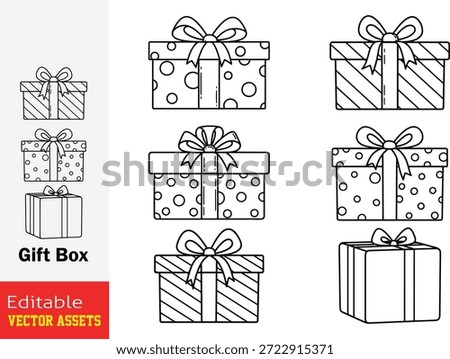 Diverse Collection of Outline Gift Boxes Featuring Various Patterns Like Stripes and Polka Dots Minimalist Vector Icons Set

This professional collection features a variety of gift boxes designed in a clean, minimalist line-art style. Isolated on a transparent background, the set includes gift boxes with diverse decorative patterns, such as classic diagonal stripes and playful polka dots, each adorned with elegant ribbons and bows. The collection offers multiple perspectives—including flat icons and subtle 3D-angled boxes—arranged in both stacked and grid formations for maximum design flexibility. These high-quality editable vector assets are perfect for holiday greeting cards, e-commerce checkout pages, birthday invitations, and seasonal branding projects. The high-contrast black outline ensures that each  symbol remains sharp and recognizable across all digital and print platforms, providing a versatile resource for any gi-ft giving theme.

Key Features include
Multiple Pattern Varieties Includes striped, polka-dotted, and plain gift bo-xes to provide visual interest within a consistent theme.

Versatile Layout Options Features both individual box-es and stacked arrangements, ideal for different composition needs.

Minimalist Line-Art Aesthetic The clean, simple outline style is highly scalable and fits perfectly with modern web and print design.

Professional Vector Quality Fully scalable and editable EPS file, allowing for easy adjustment of stroke weight and color without loss of quality.