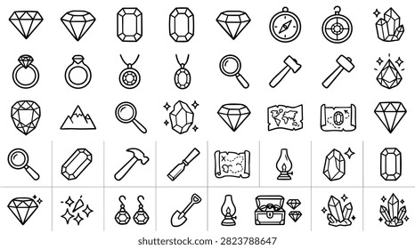 A diverse collection of outline icons representing treasure hunting elements like gems, tools, maps, and compasses.