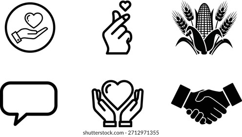 Diversa colección de contorno e iconos gráficos negros sólidos que representan conceptos abstractos como cuidado amor comunicación agricultura y asociación empresarial para proyectos de Diseño web modernos
