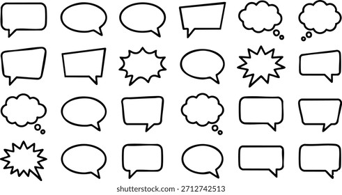 Diverse collection of outline speech bubbles, chat boxes, and thought cloud icons representing communication and dialogue for various design projects