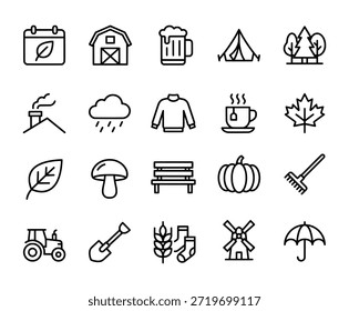 Diversa colección de iconos vectoriales de contorno que representan otoño, cosecha de otoño e Elementos estacionales.