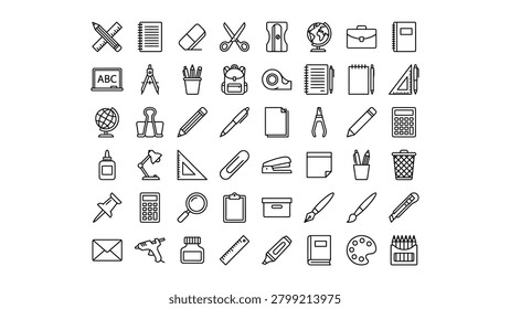 A diverse collection of outlined stationery school and office supplies icons suitable for various design projects