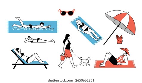 Uma coleção diversificada de pessoas desfrutando de um dia ensolarado na praia em várias atividades relaxantes