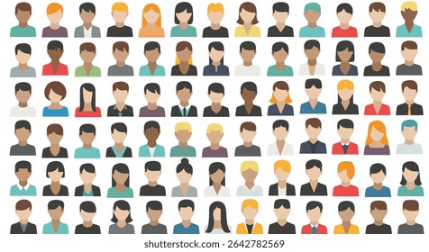 Coleção diversa de avatares de pessoas que representam uma ampla gama de perfis humanos e aparências