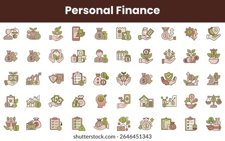 A diverse collection of personal finance icons, depicting budgeting, saving, investment, and financial planning in warm colors.