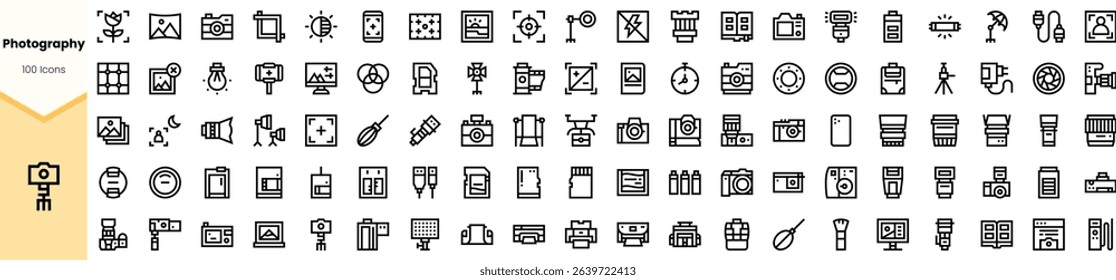 A diverse collection of photography-related icons, featuring cameras, tripods, and various equipment, showcasing the essentials of modern photography.