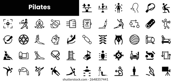 A diverse collection of Pilates icons illustrating various exercises and movements, capturing the essence of fitness and wellness in a minimalist design.