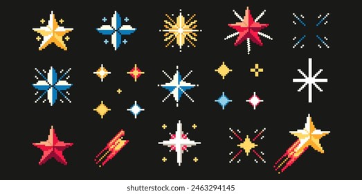 A Diverse Collection of Pixel Art Stars on Dark Background. 8-bit stars. Pixelated icon set. Sparkling stars pixel art collection.