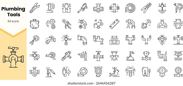 A diverse collection of plumbing tool icons, featuring wrenches, pipes, fittings, and gauges, showcasing various plumbing elements in a minimalistic design.