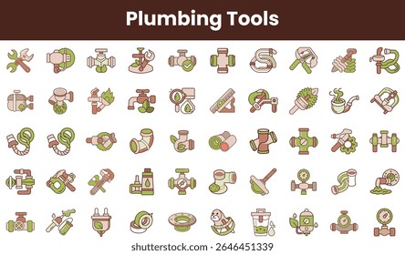 A diverse collection of plumbing tools in flat design, showcasing wrenches, pipes, valves, and more, featuring a harmonious color palette of greens and browns.