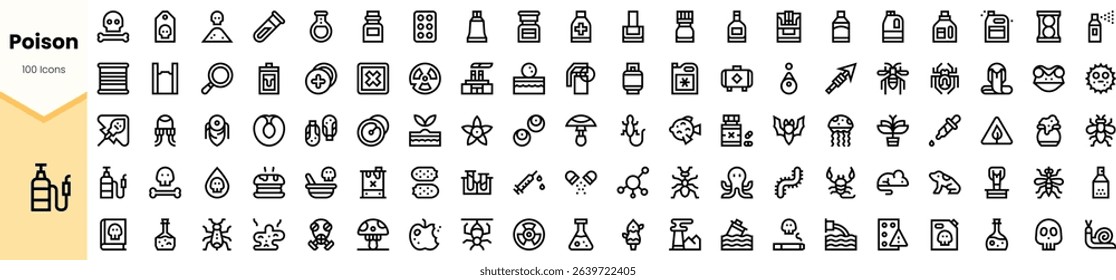 A diverse collection of poison-related icons, featuring various bottles, symbols, and warning signs, in a monochrome design that highlights danger.