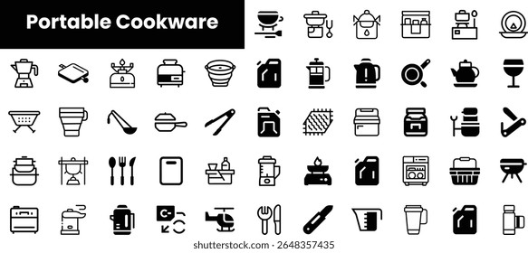 Uma coleção diversificada de ícones de utensílios de cozinha portáteis, incluindo liquidificadores, panelas, ferramentas e utensílios, projetados em um estilo elegante e minimalista, mostrando os fundamentos culinários.