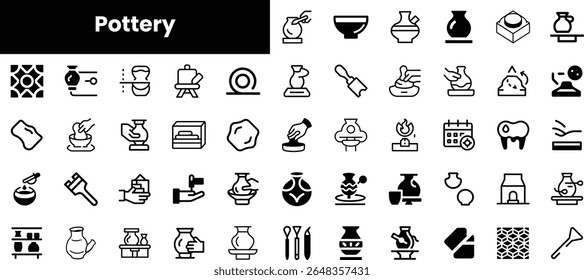 A diverse collection of pottery icons featuring various tools, techniques, and styles, showcasing artistry in clay. Perfect for artistic projects and education.