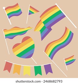 Una diversa colección de banderas con temática de Orgullo Gay, corazones y Anuncios que representan el orgullo LGBTQ+, la igualdad y la inclusión. Perfecto para celebraciones del Orgullo, campañas de derechos LGBTQ+ y promoción del buceo