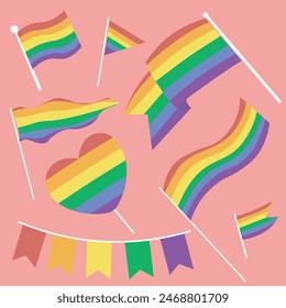 Una diversa colección de banderas con temática de Orgullo Gay, corazones y Anuncios que representan el orgullo LGBTQ+, la igualdad y la inclusión. Perfecto para celebraciones del Orgullo, campañas de derechos LGBTQ+ y promoción del buceo