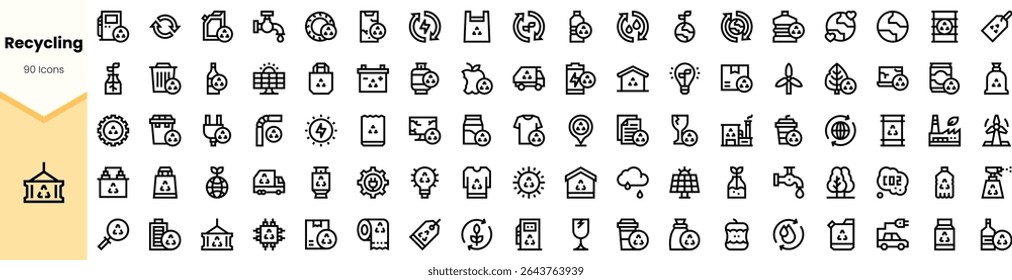 A diverse collection of recycling icons, featuring various symbols related to sustainability, waste management, and eco-friendly practices in a minimalist style.
