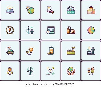 Diverse collection of renewable energy source icons emphasizing sustainability