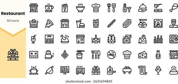 A diverse collection of restaurant icons featuring dishes, drinks, and kitchen tools, showcasing a modern line-art style useful for food-related projects.