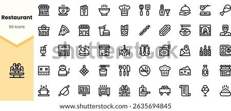 A diverse collection of restaurant icons featuring dishes, drinks, and kitchen tools, showcasing a modern line-art style useful for food-related projects.