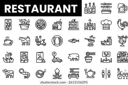 A diverse collection of restaurant-themed icons in a minimalist style.