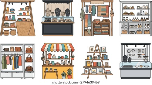 A diverse collection of retail displays showcasing handmade goods like jewelry, pottery, textiles, and skincare products. These illustrations are ideal for small business branding, craft fair promotions, or boutique store layouts.
