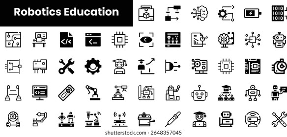 Uma coleção diversificada de ícones de educação em robótica, com robôs, engrenagens, símbolos de codificação e ferramentas educacionais, perfeitas para temas de tecnologia e aprendizagem.