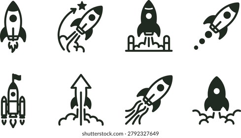Diverse collection of rocket launch showcasing various takeoff styles and flight paths for space travel and innovation projects