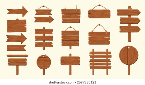 Diverse collection of rustic wooden signs and arrows, featuring hanging planks, round boards, and sturdy signposts, ideal for vintage or natural design.