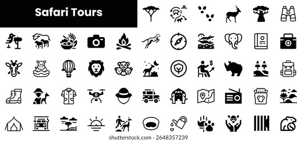 A diverse collection of safari tour icons, featuring wildlife, activities, and gear, reflecting the excitement of adventure in nature's wilderness.